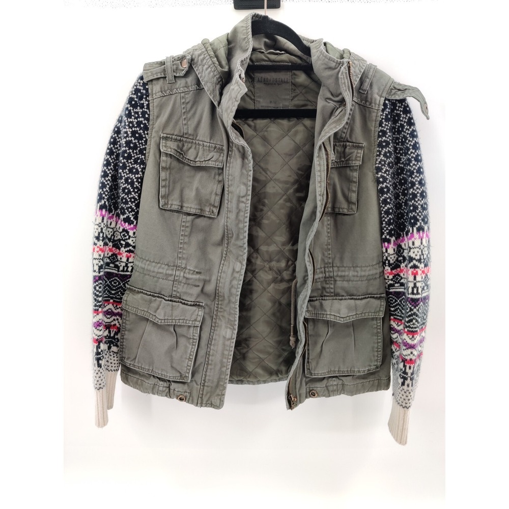 Aeropostale‎ Womens Jacket Medium Olive Green Fair Isle Knit Sleeve Hooded